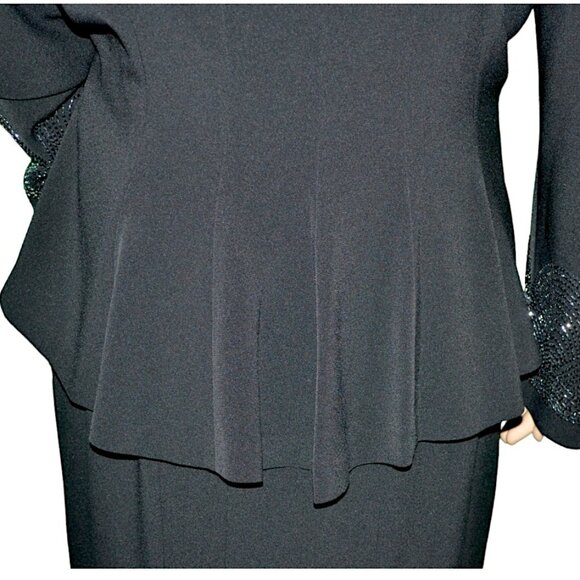 Daymor Couture 80s Black Sequin Maxi Sheath Cocktail Dress Peplum Blazer Suit 12 - Picture 6 of 11